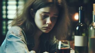 Sad young woman drinking wine at a bar