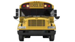 School Bus with Flashing Yellow Lights. Illustration by Anton Novikov.