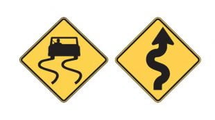 Road signs - Slippery When Wet - Winding Road