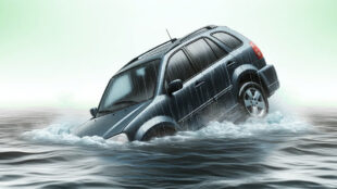 A car that has plunged into a river.