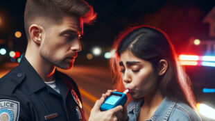 A police officer administering a breathalyzer test to a young woman by the roadside at night