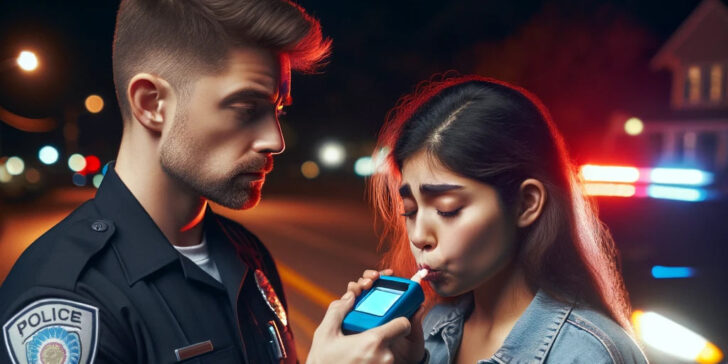 breath-test-3 A police officer administering a breathalyzer test to a young woman by the roadside at night