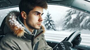 Young man driving in winter and heavy snowfall