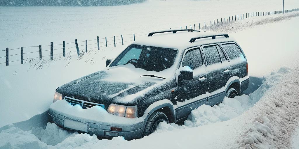 Car stuck in the snow beside the road