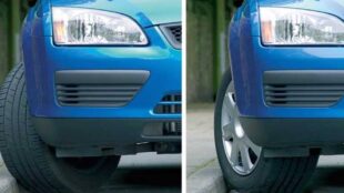 A car's front wheels turned into a curb or away from the curb