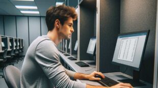 A young man at the DMV knowledge test.