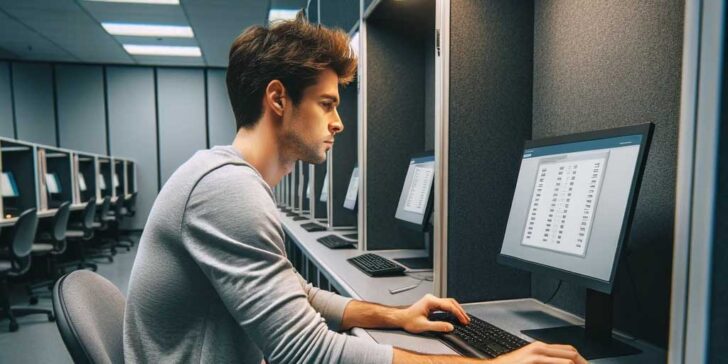A young man at the DMV knowledge test.