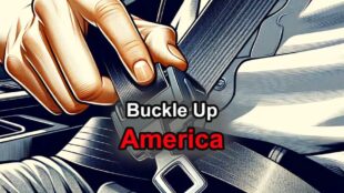 A driver buckling up inside a car