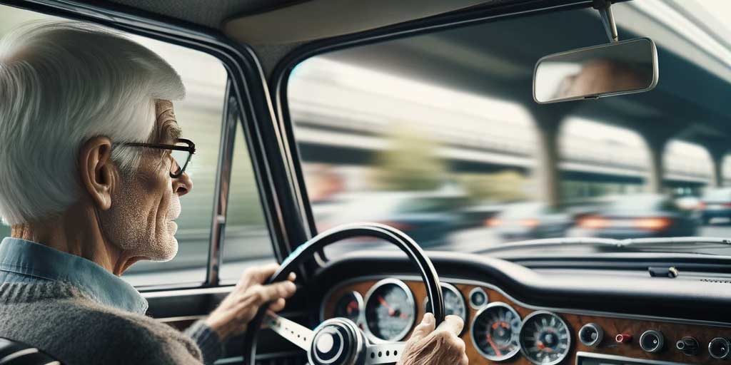 An elderly driver behind the wheel in his car.