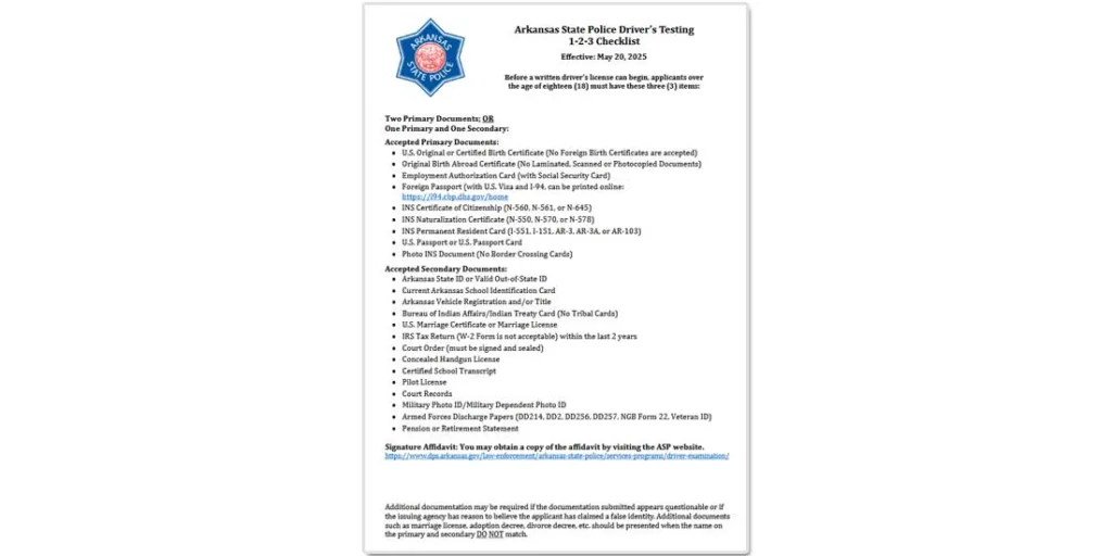 Arkansas State Police Driver’s Testing
1-2-3 Checklist