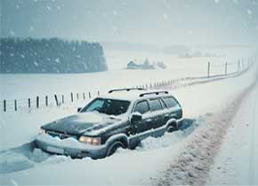 Car stuck in the snow beside the road