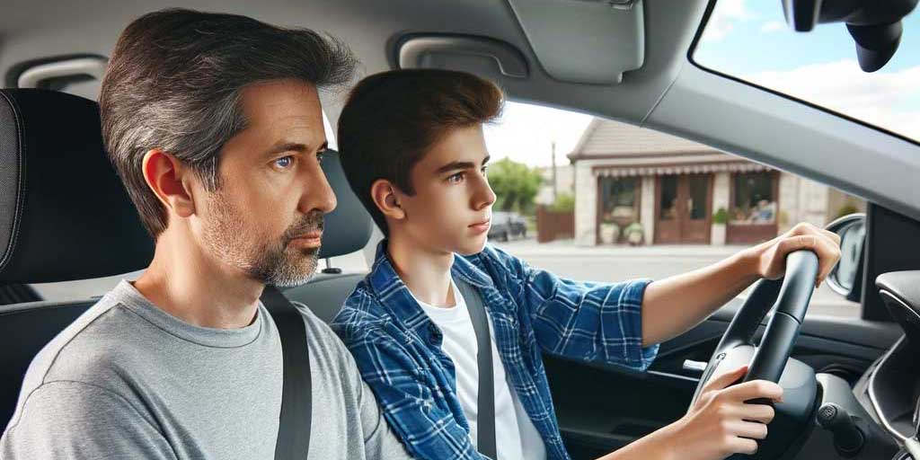 A parent sitting beside his teenage son, with the son behind the wheel of a modern car and practicing driving.