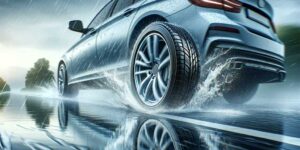 A car hydroplaning on a wet road. A car hydroplaning on a wet road