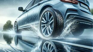 A car hydroplaning on a wet road.