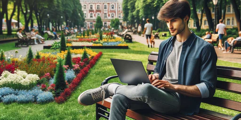 A young man studying outdoors with his laptop, seated on a bench.