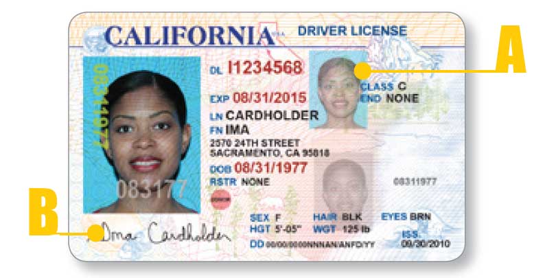 The front of a California License with  A smaller and lighter color UV Image is visible under ultraviolet light.